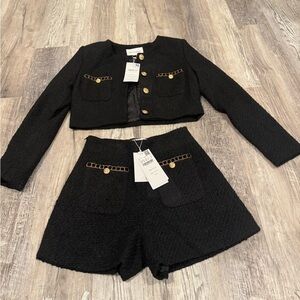 Urban Revivo Set: Black Cropped Jacket and Shorts Set with Gold Accents